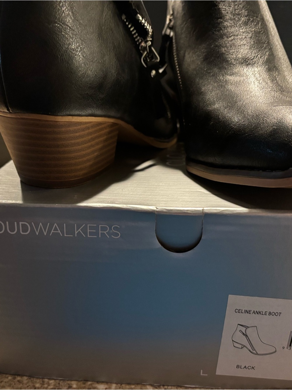 cloudwalkers Black Leather Ankle Booties with Stacked Wood-Tone Heel